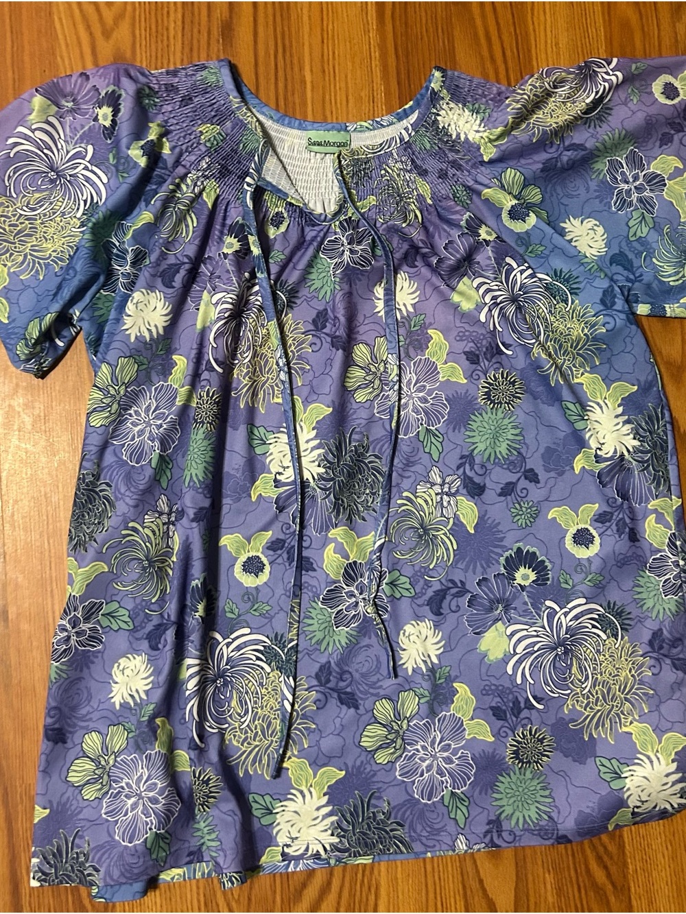 Sara Morgan Purple Floral Smocked Peasant Tunic Top Short Sleeve EUC